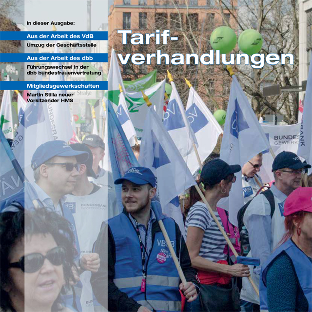 Magazin-Titelseite mit dem Schwerpunkt "Tarifverhandlungen". Eine VdB-Mitglieder nehmen mit Fahnen an einer Kundgebung im Freien teil.
