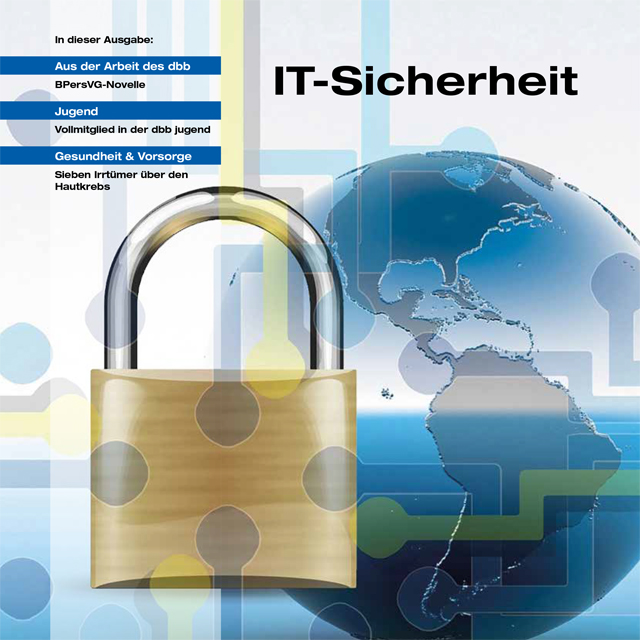 Magazin-Titelseite mit dem Schwerpunkt "IT-Sicherheit". Ein großes, goldenes Vorhängeschloss steht im Vordergrund. Dahinter ist eine stilisierte, blaue Weltkugel mit elektronischen Schaltkreisen.