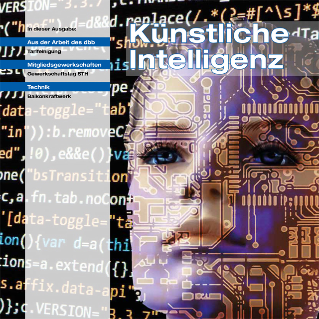 Magazin-Titelseite mit dem Schwerpunkt "Künstliche Intelligenz". Eine Nahaufnahme eines menschlichen Gesichts ist mit den goldenen Linien einer Computerplatine überlagert, was die Verbindung von Mensch und Technologie symbolisiert.