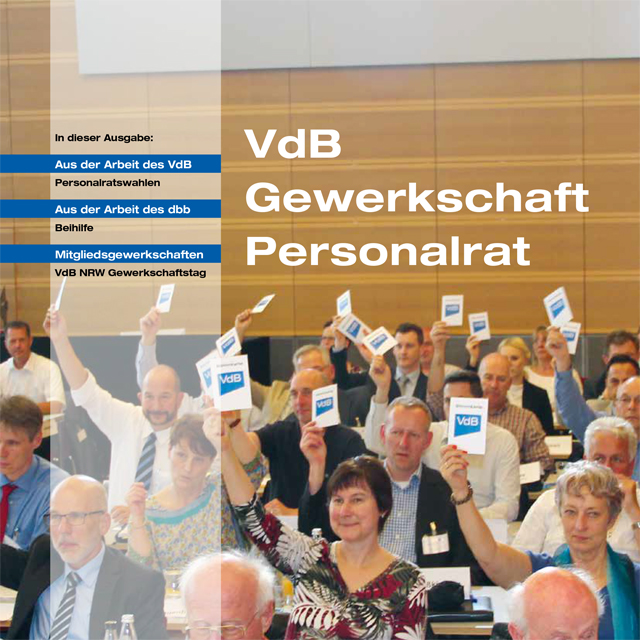 Magazin-Titelseite mit dem Schwerpunkt "VdB - Gewerkschaft - Personalrat". Personen bei einer Abstimmung beim Gewerkschaftstag.